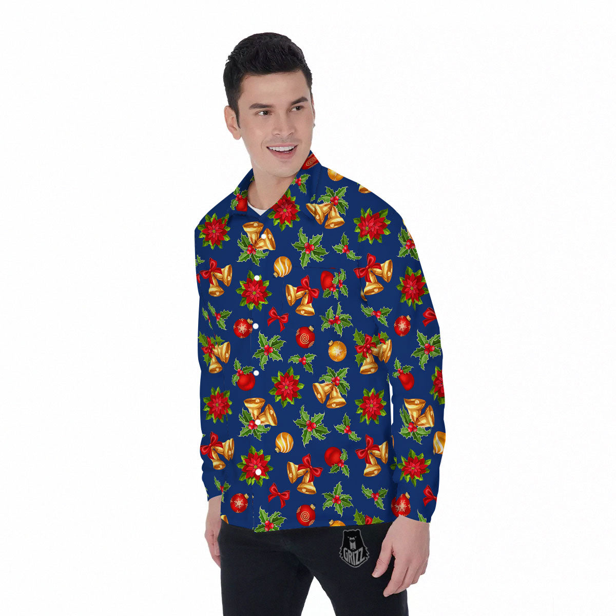Poinsettia Merry Christmas Print Pattern Men's Long Sleeve Shirts-grizzshop