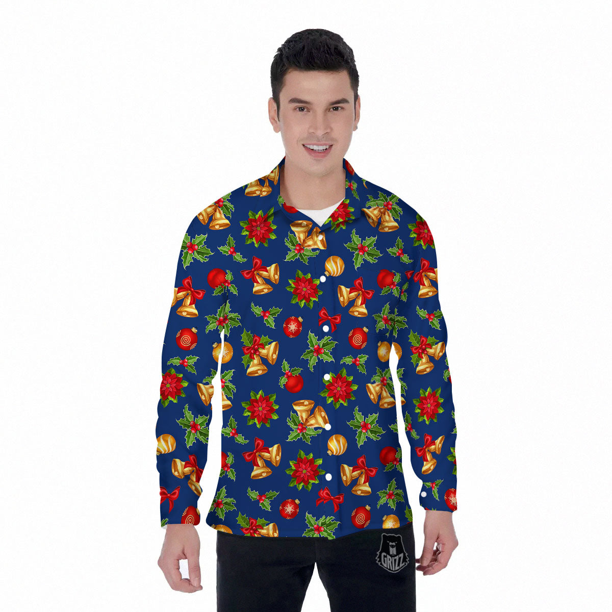 Poinsettia Merry Christmas Print Pattern Men's Long Sleeve Shirts-grizzshop