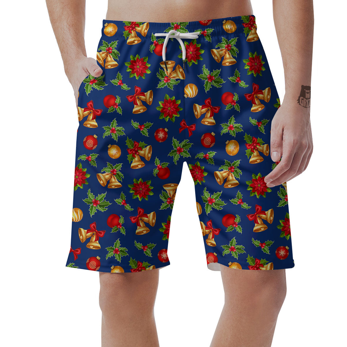 Poinsettia Merry Christmas Print Pattern Men's Shorts-grizzshop