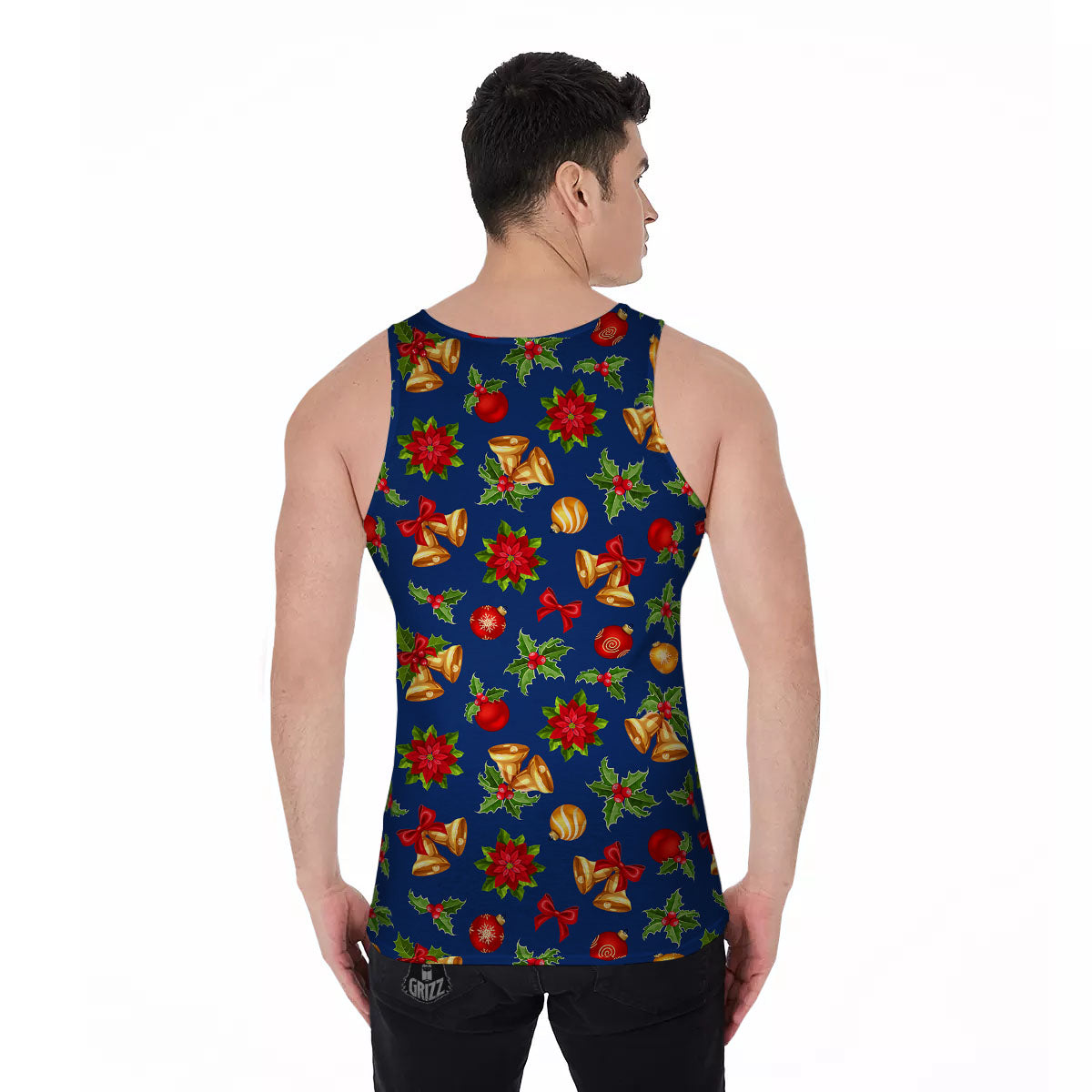 Poinsettia Merry Christmas Print Pattern Men's Tank Top-grizzshop