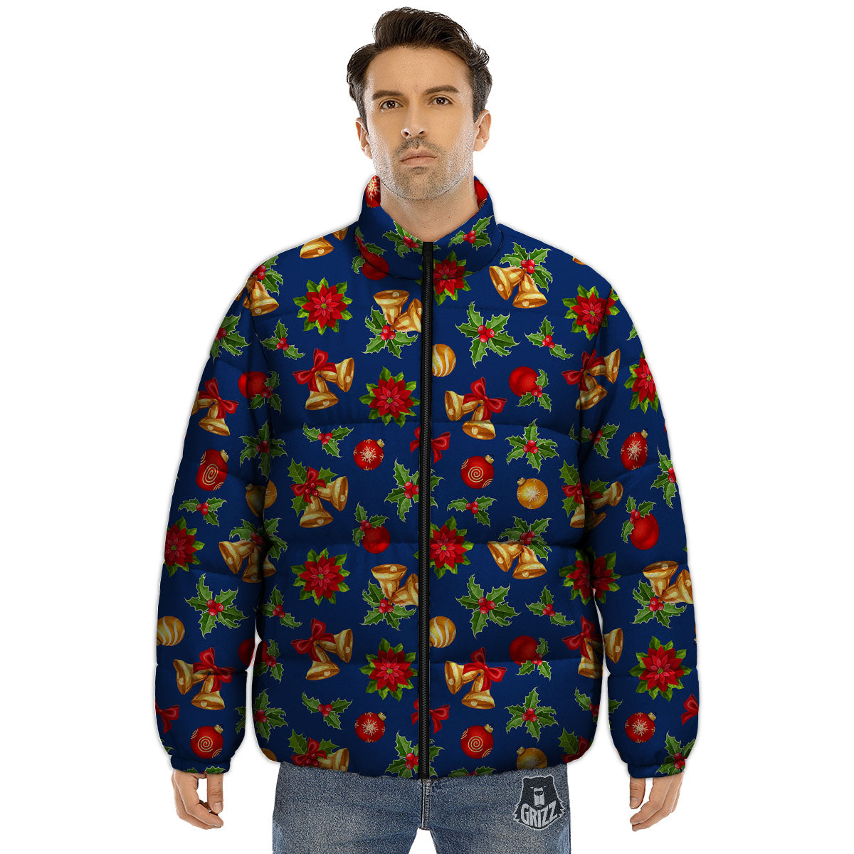 Poinsettia Merry Christmas Print Pattern Puffer Jacket-grizzshop