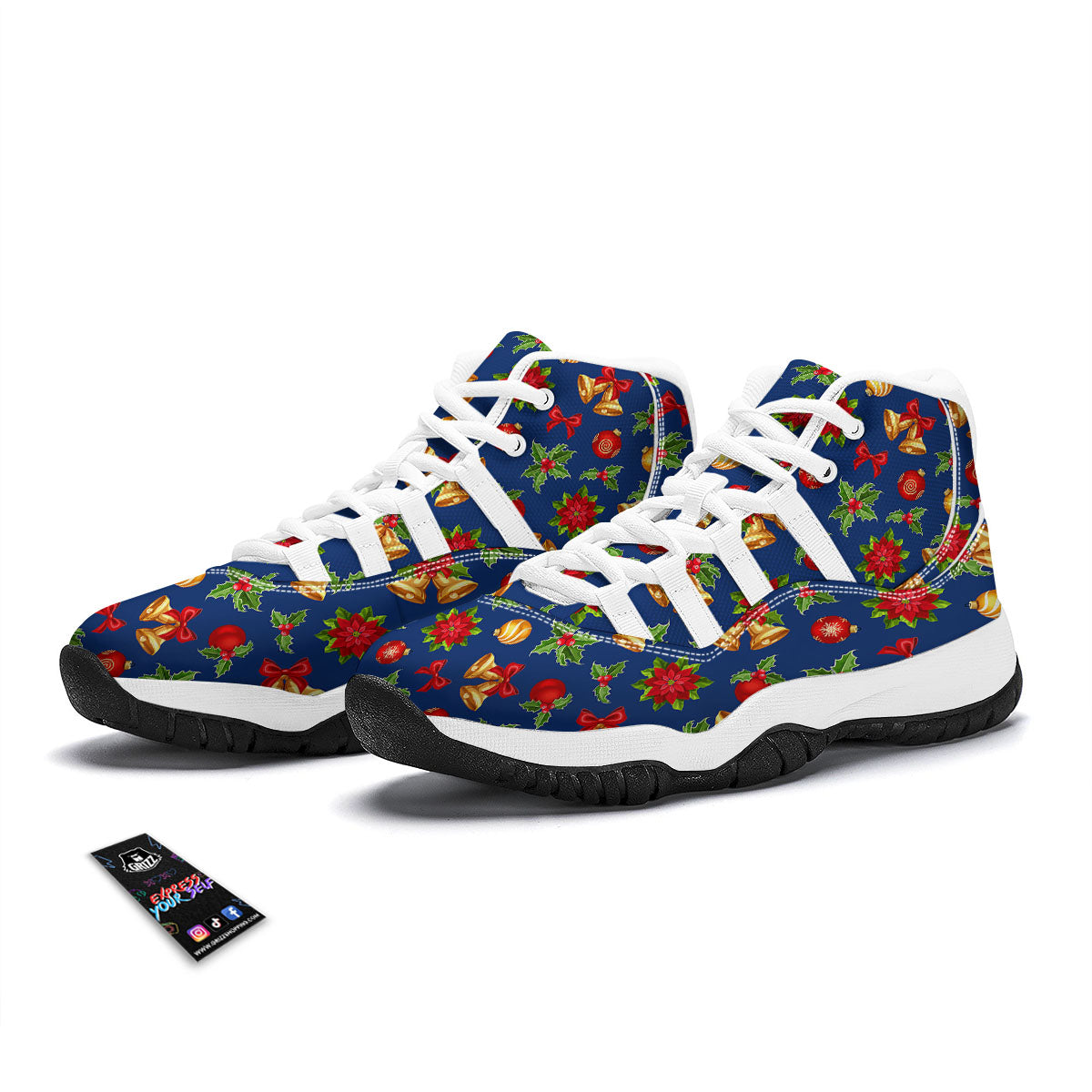 Poinsettia Merry Christmas Print Pattern White Bball Shoes-grizzshop