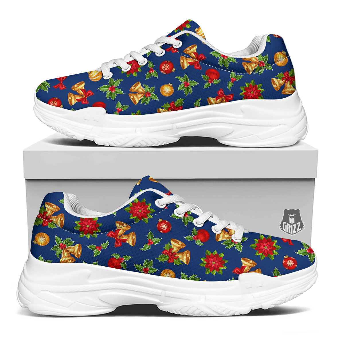 Poinsettia Merry Christmas Print Pattern White Chunky Shoes-grizzshop