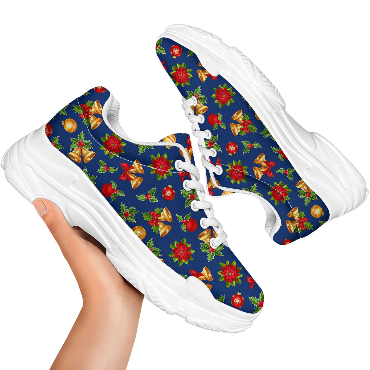 Poinsettia Merry Christmas Print Pattern White Chunky Shoes-grizzshop