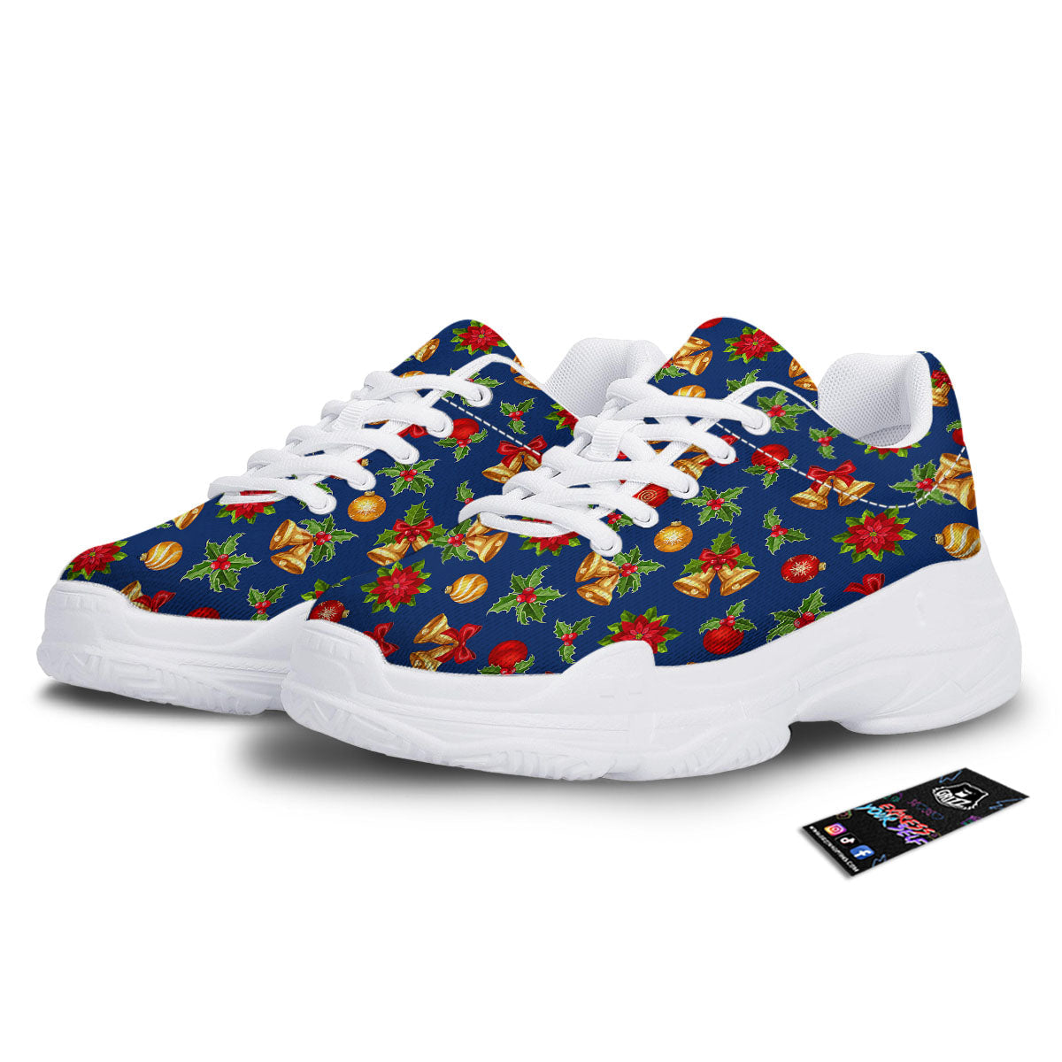 Poinsettia Merry Christmas Print Pattern White Chunky Shoes-grizzshop