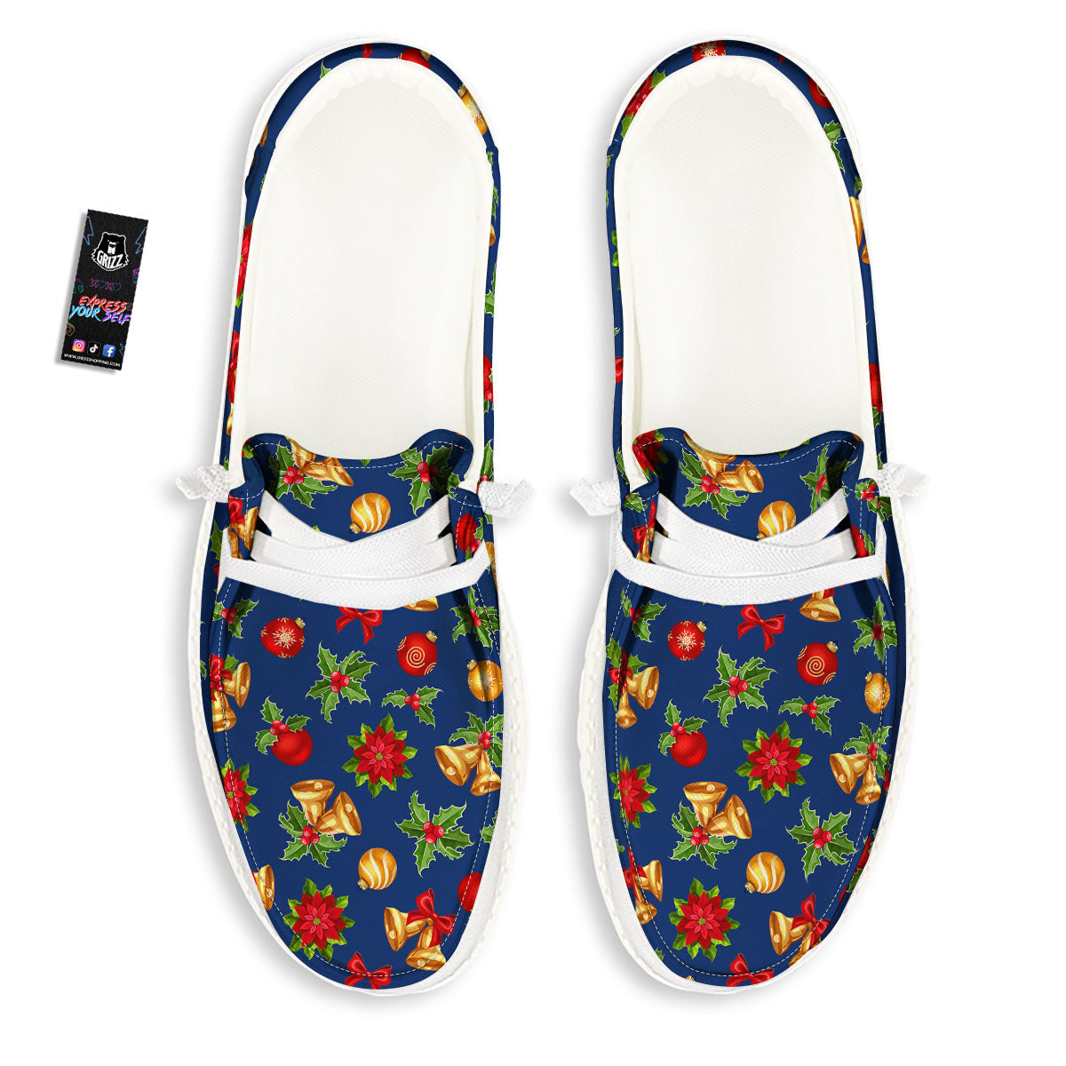 Poinsettia Merry Christmas Print Pattern White Loafers-grizzshop