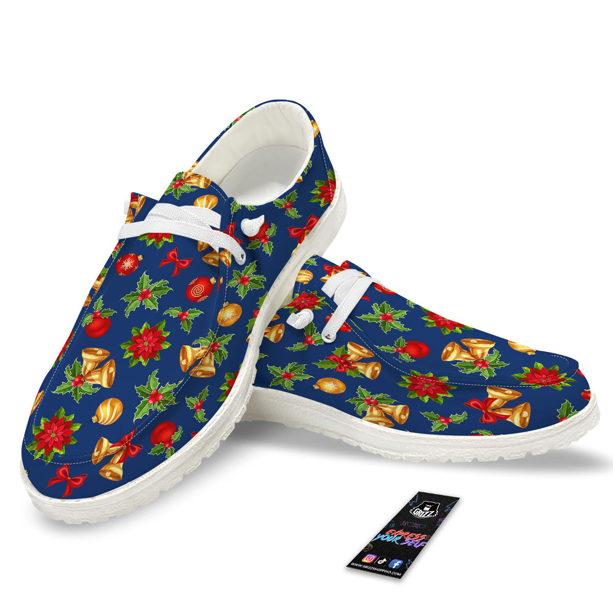 Poinsettia Merry Christmas Print Pattern White Loafers-grizzshop