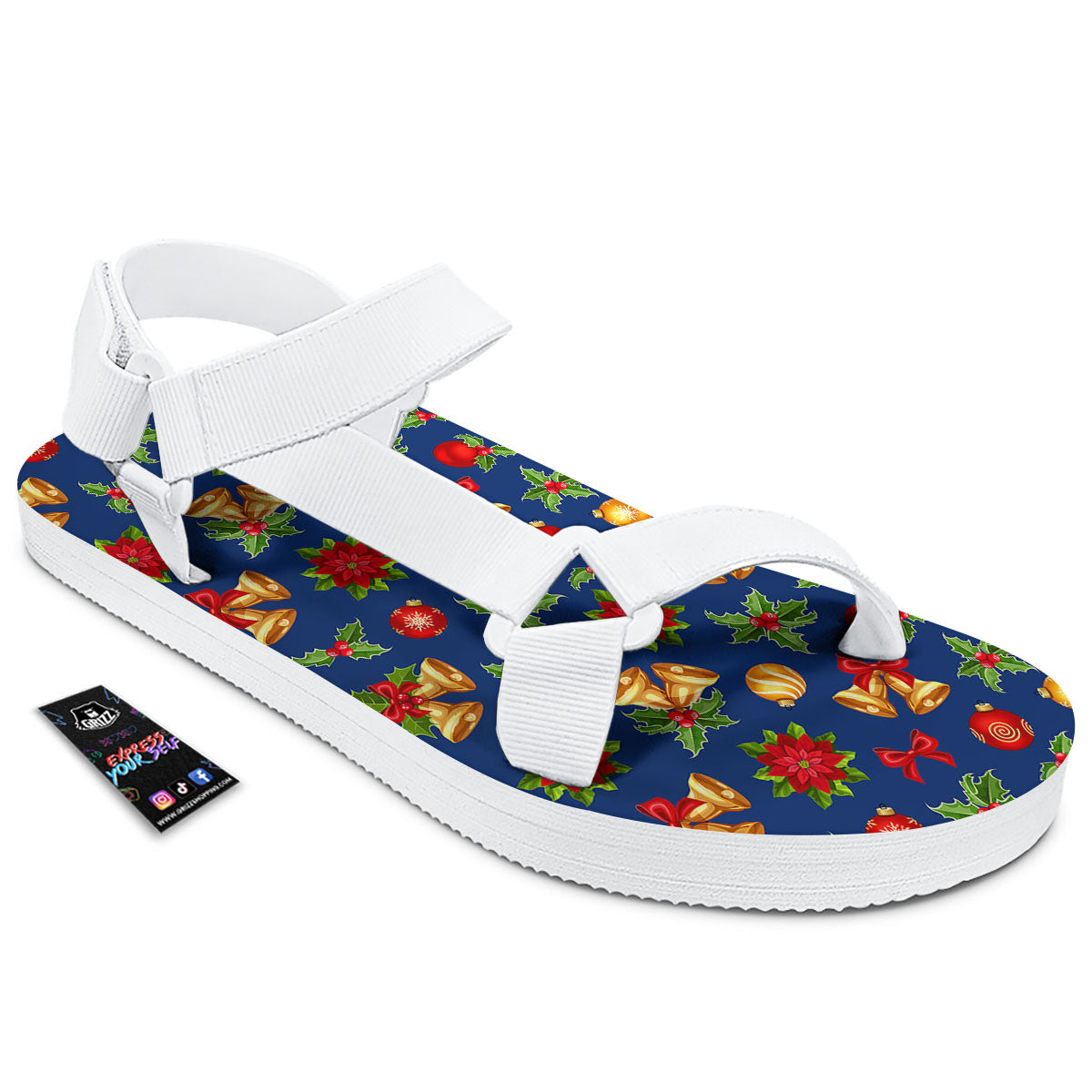 Poinsettia Merry Christmas Print Pattern White Open Toe Sandals-grizzshop