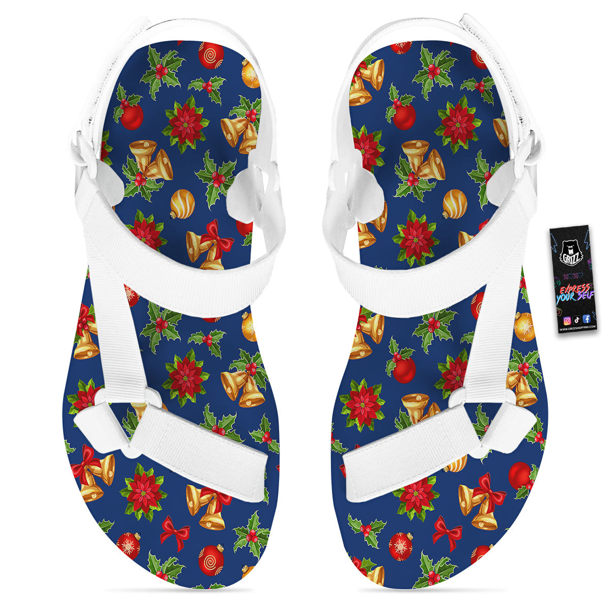 Poinsettia Merry Christmas Print Pattern White Open Toe Sandals-grizzshop