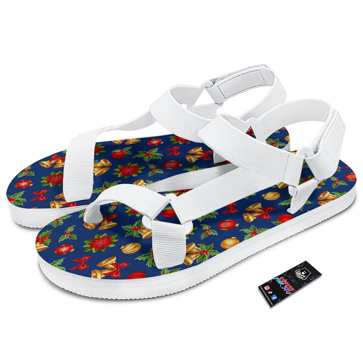 Poinsettia Merry Christmas Print Pattern White Open Toe Sandals-grizzshop