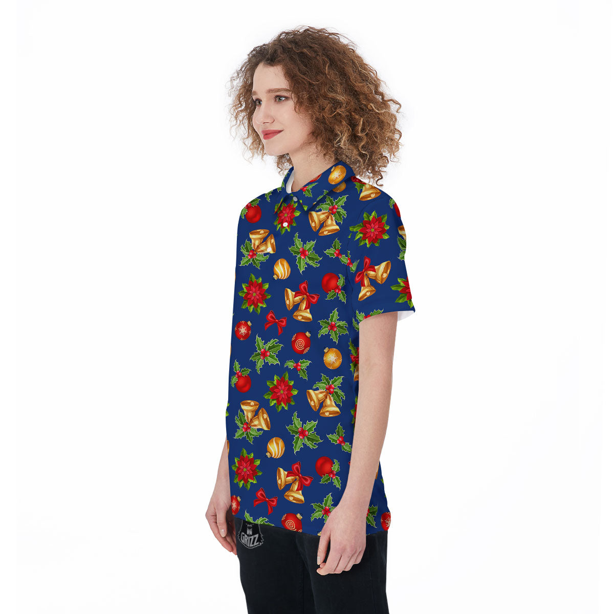 Poinsettia Merry Christmas Print Pattern Women's Golf Shirts-grizzshop