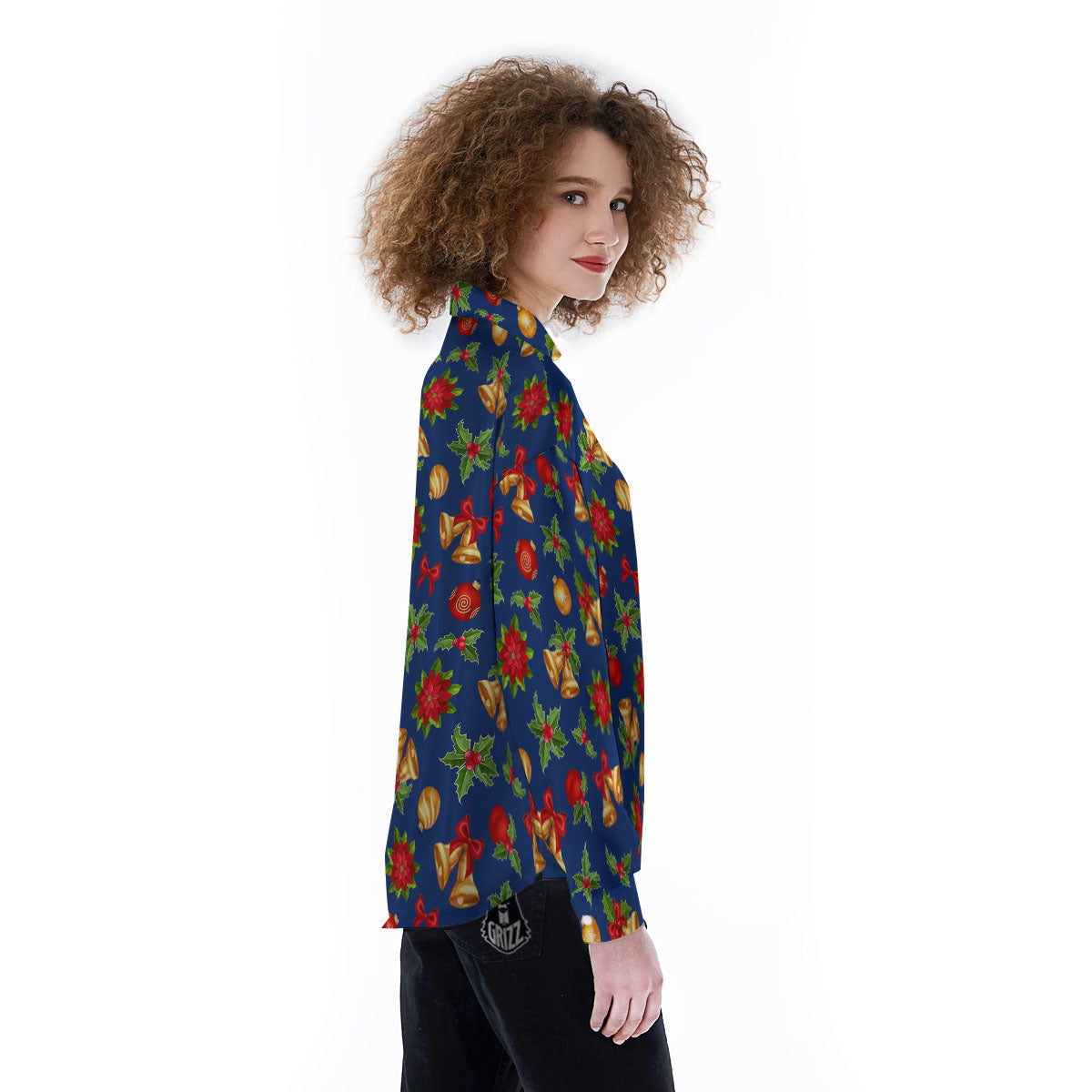 Poinsettia Merry Christmas Print Pattern Women's Long Sleeve Shirts-grizzshop