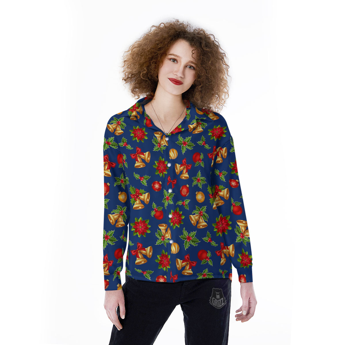Poinsettia Merry Christmas Print Pattern Women's Long Sleeve Shirts-grizzshop