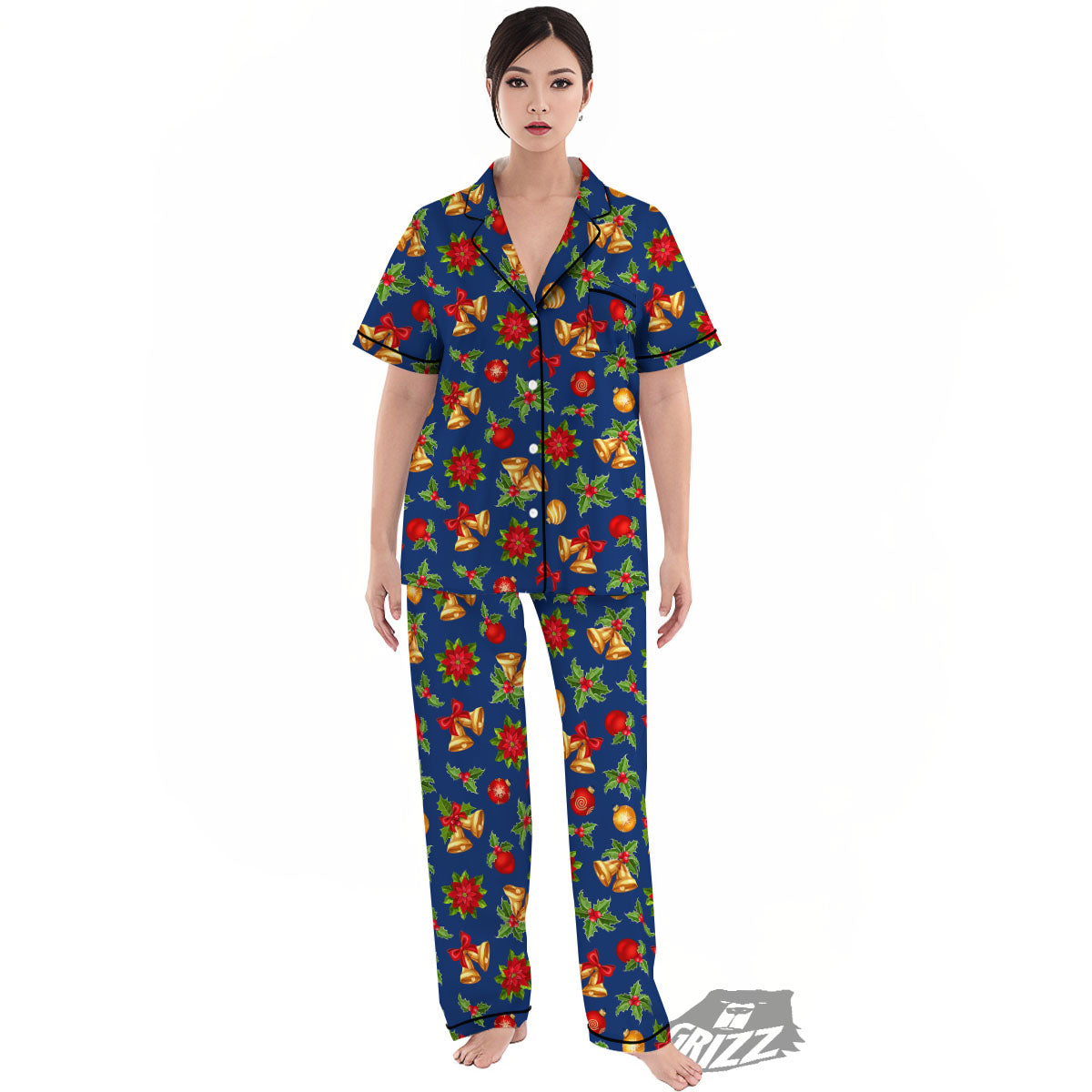 Poinsettia Merry Christmas Print Pattern Women's Pajamas Set-grizzshop