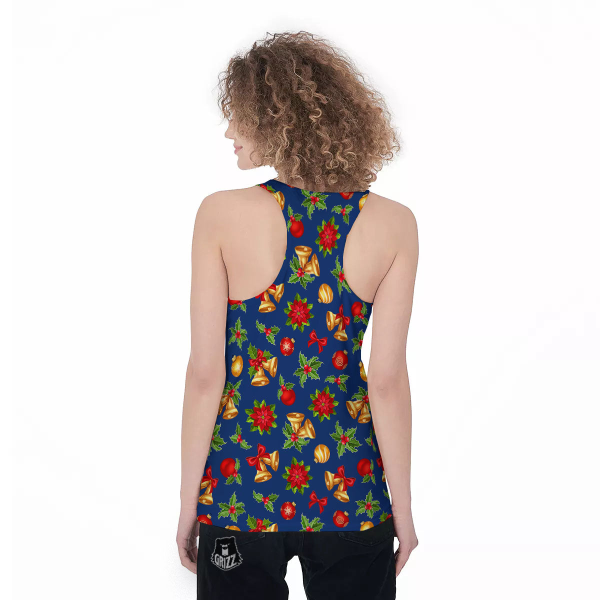 Poinsettia Merry Christmas Print Pattern Women's Racerback Tank Top-grizzshop
