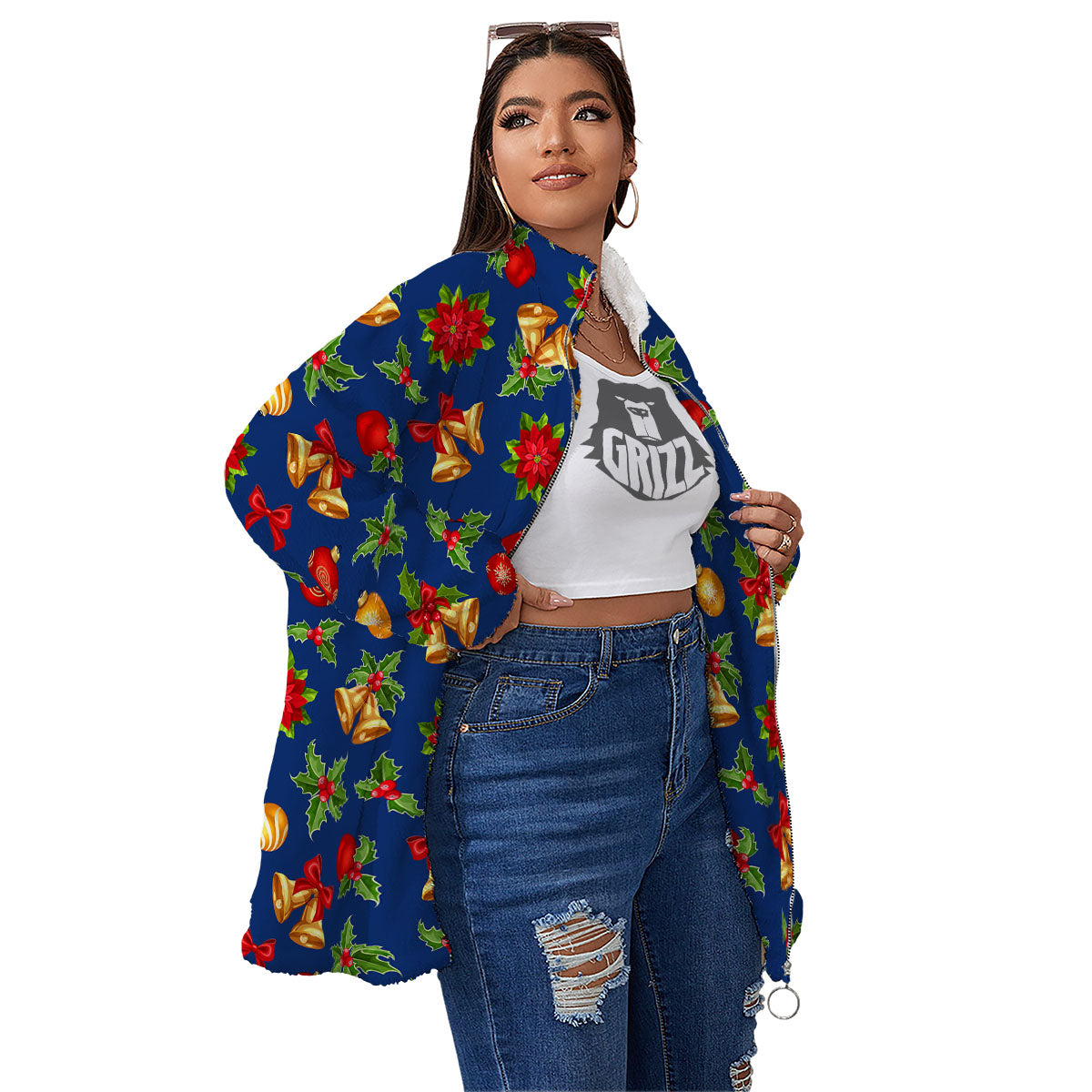 Poinsettia Merry Christmas Print Pattern Women's Sherpa Jacket-grizzshop