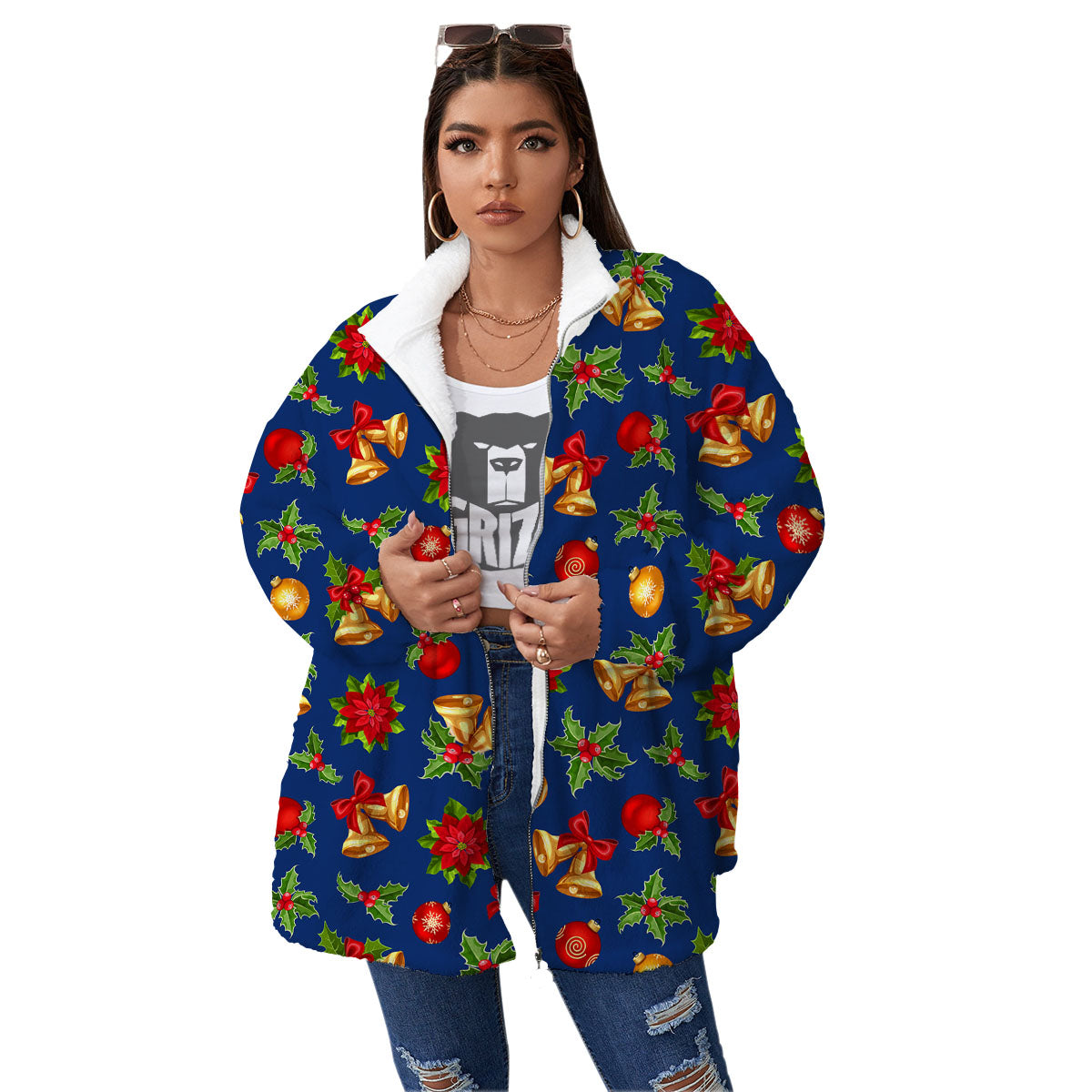 Poinsettia Merry Christmas Print Pattern Women's Sherpa Jacket-grizzshop