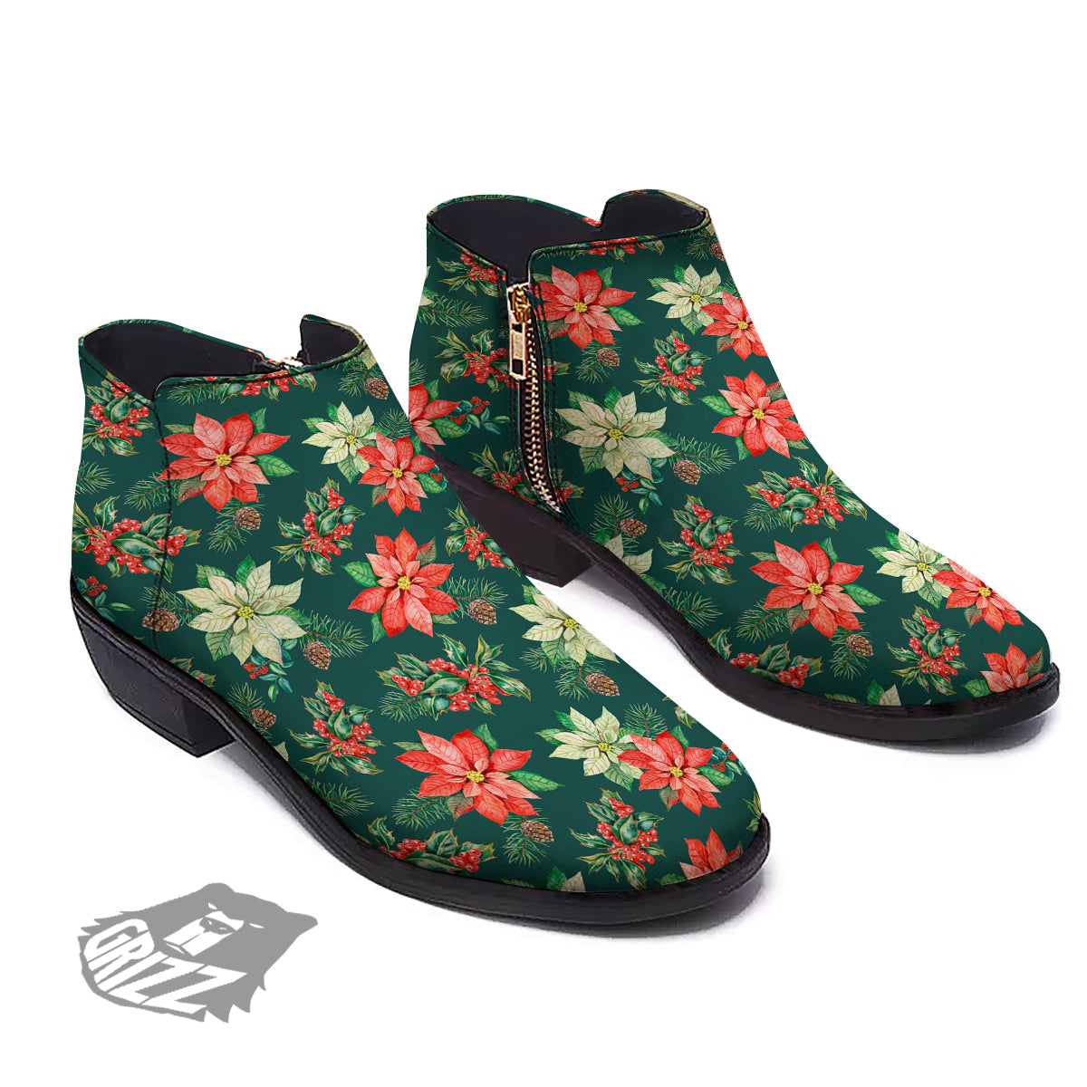 Poinsettia Watercolor Print Pattern Ankle Boots-grizzshop