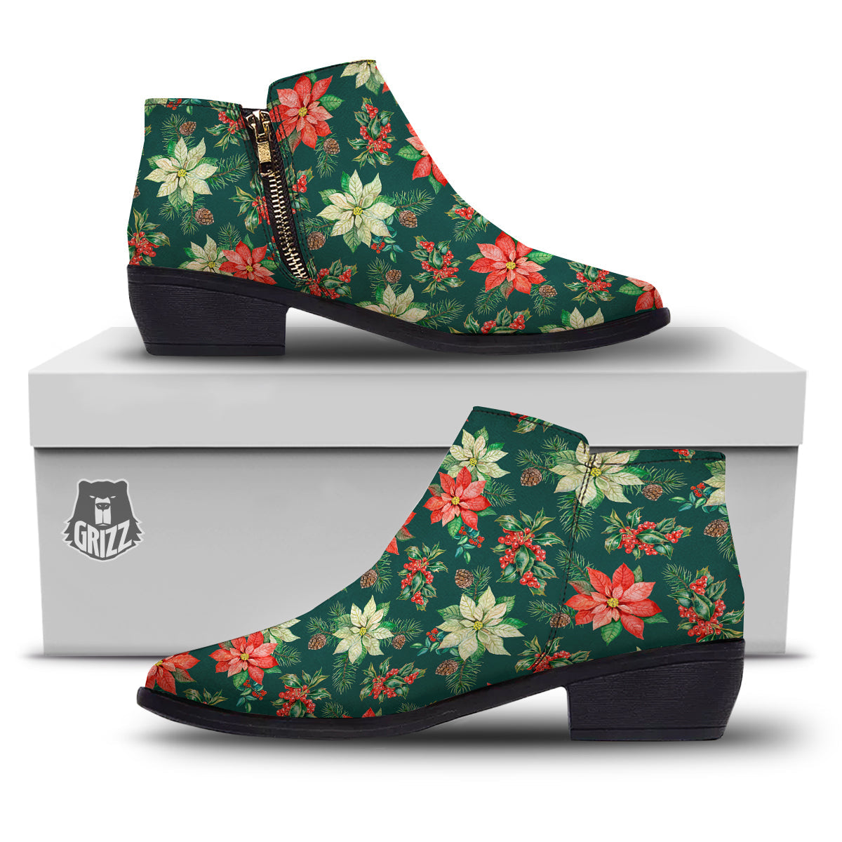 Poinsettia Watercolor Print Pattern Ankle Boots-grizzshop