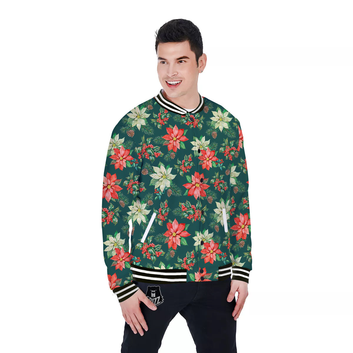 Poinsettia Watercolor Print Pattern Baseball Jacket-grizzshop