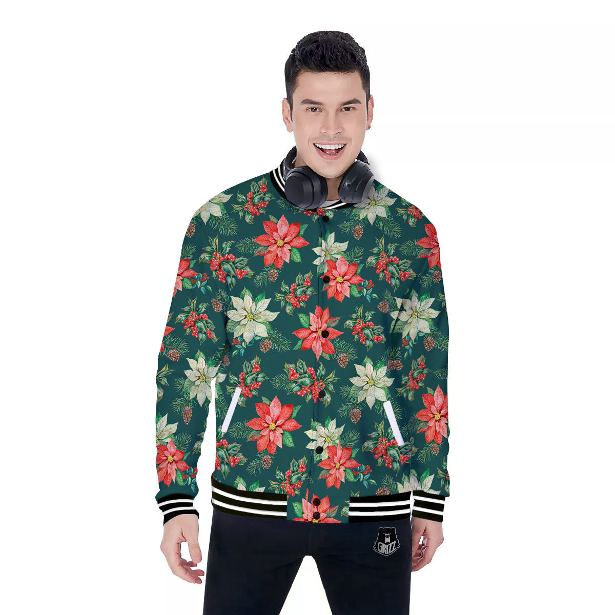 Poinsettia Watercolor Print Pattern Baseball Jacket-grizzshop