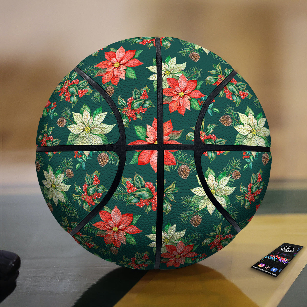 Poinsettia Watercolor Print Pattern Basketball