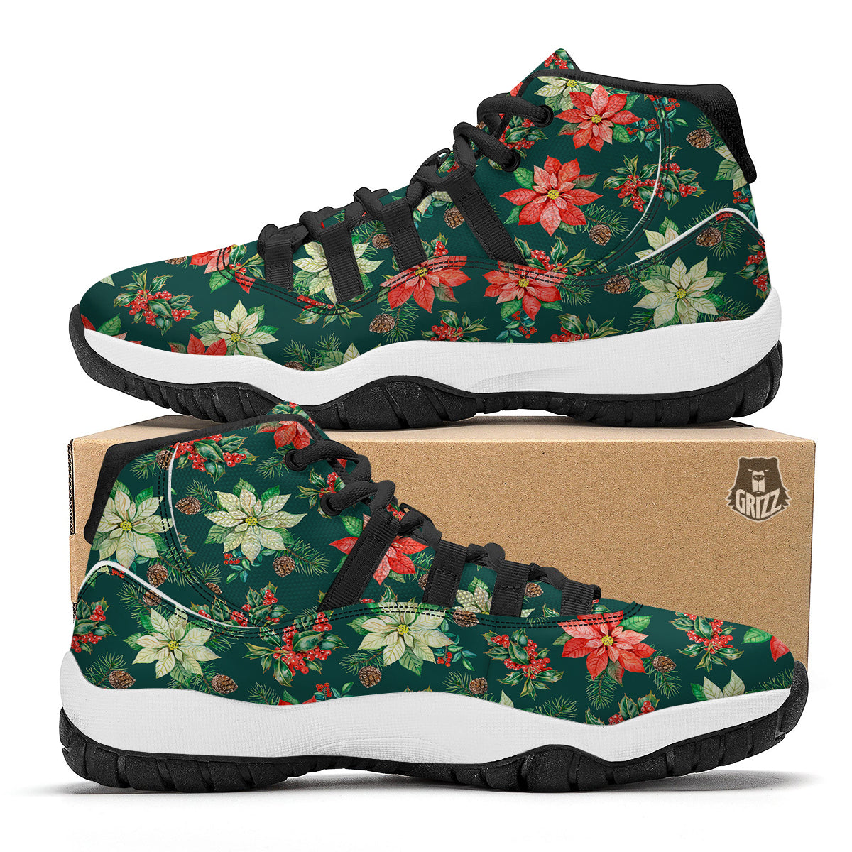 Poinsettia Watercolor Print Pattern Black Bball Shoes-grizzshop