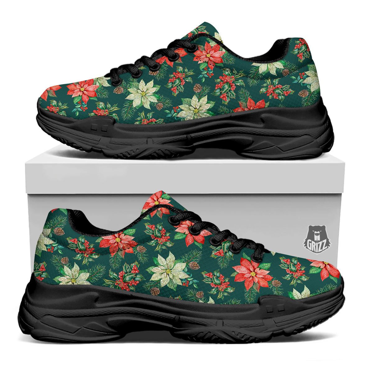 Poinsettia Watercolor Print Pattern Black Chunky Shoes-grizzshop
