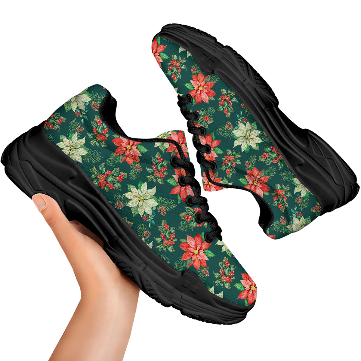 Poinsettia Watercolor Print Pattern Black Chunky Shoes-grizzshop