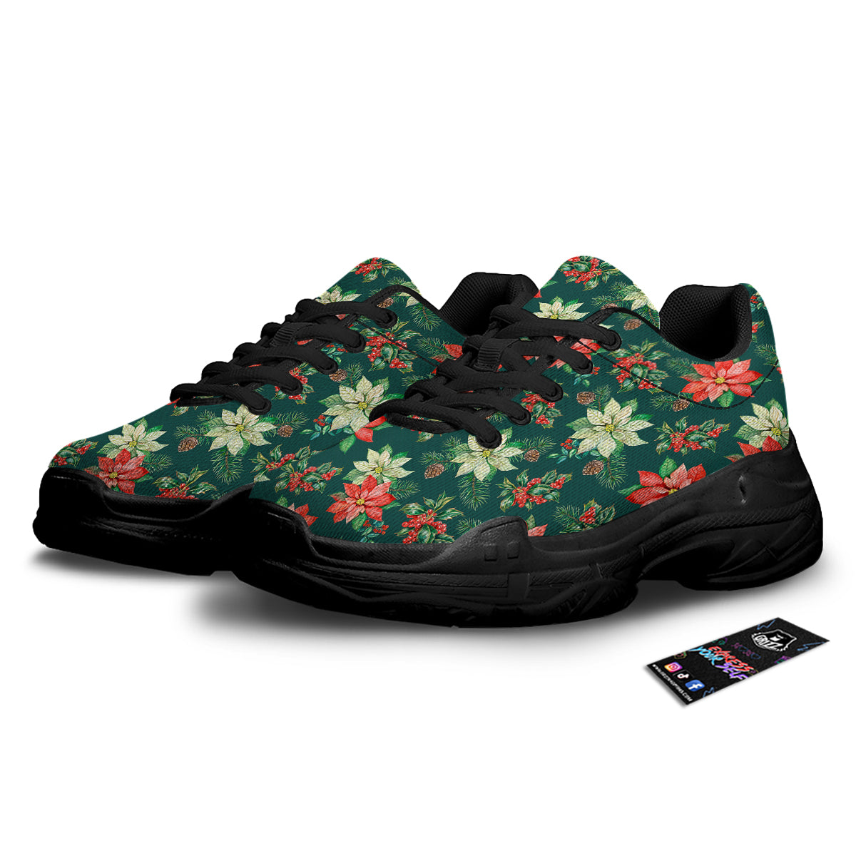 Poinsettia Watercolor Print Pattern Black Chunky Shoes-grizzshop