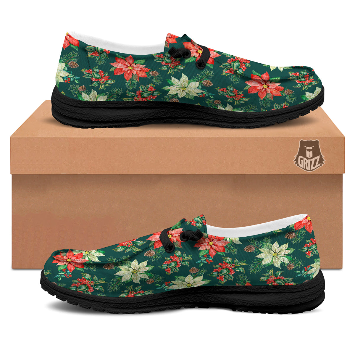 Poinsettia Watercolor Print Pattern Black Loafers-grizzshop