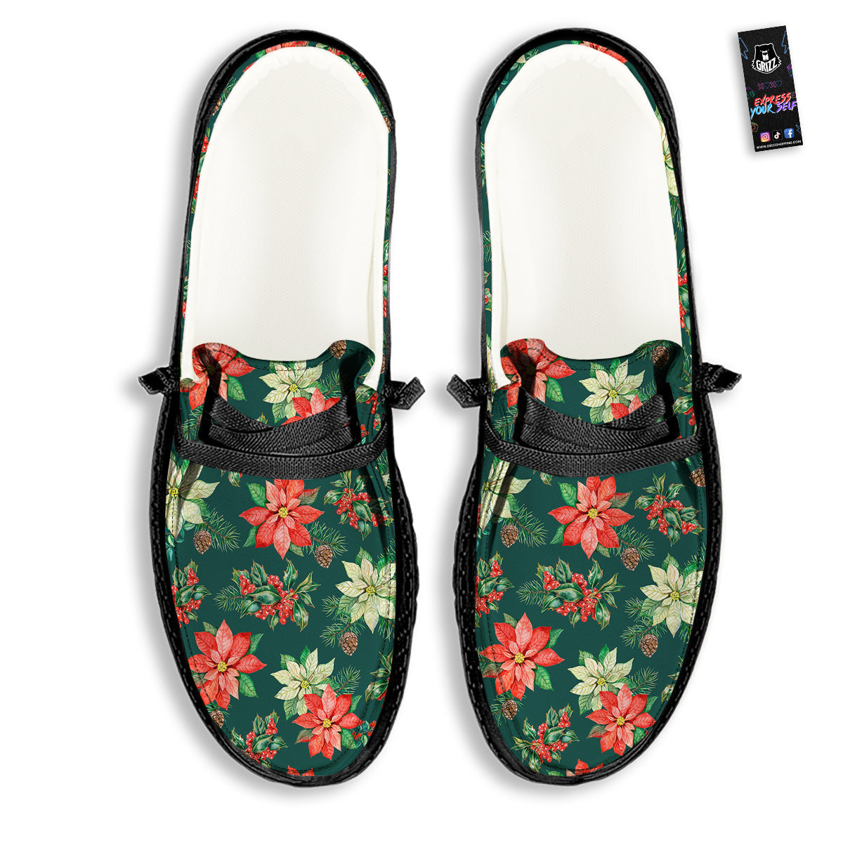 Poinsettia Watercolor Print Pattern Black Loafers-grizzshop