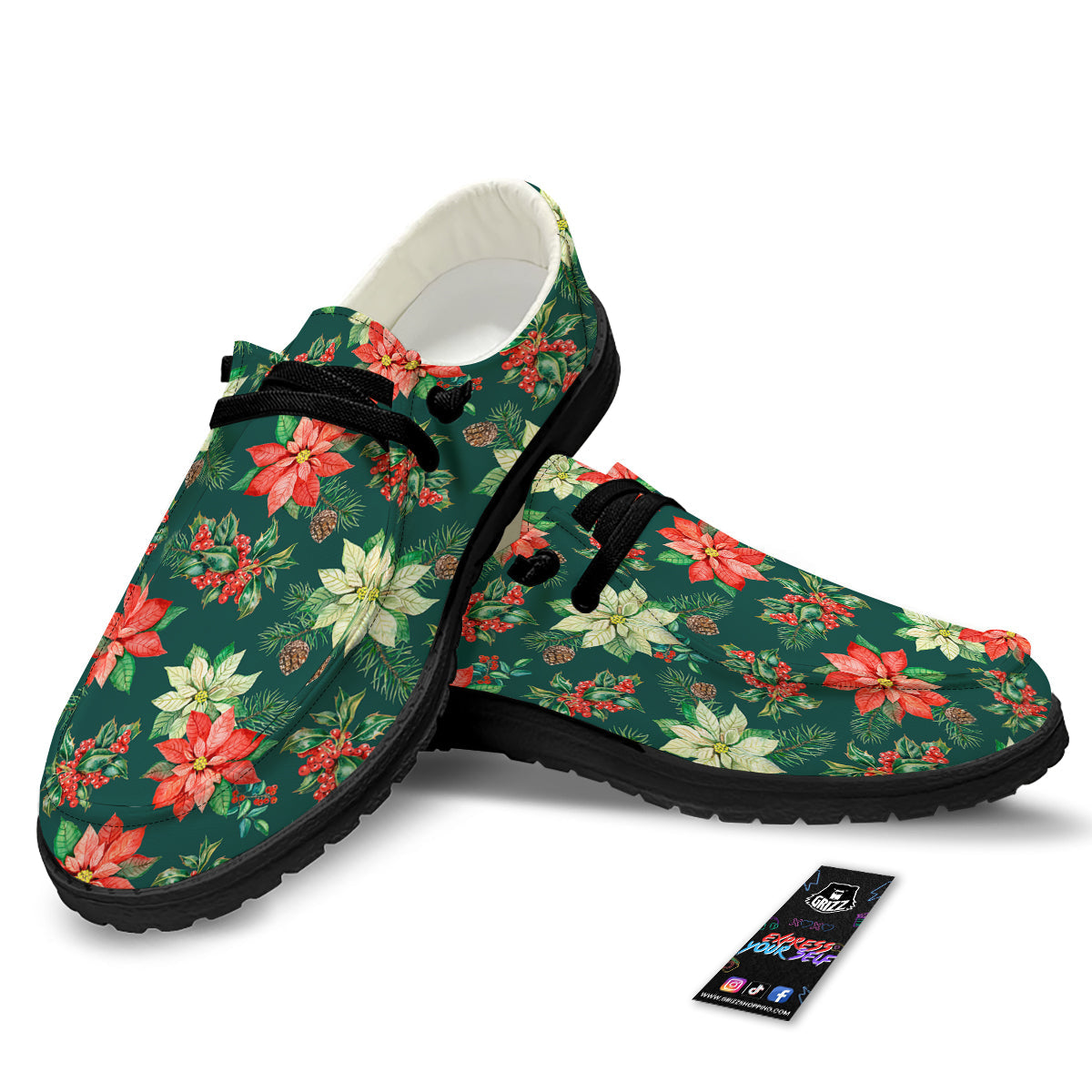 Poinsettia Watercolor Print Pattern Black Loafers-grizzshop