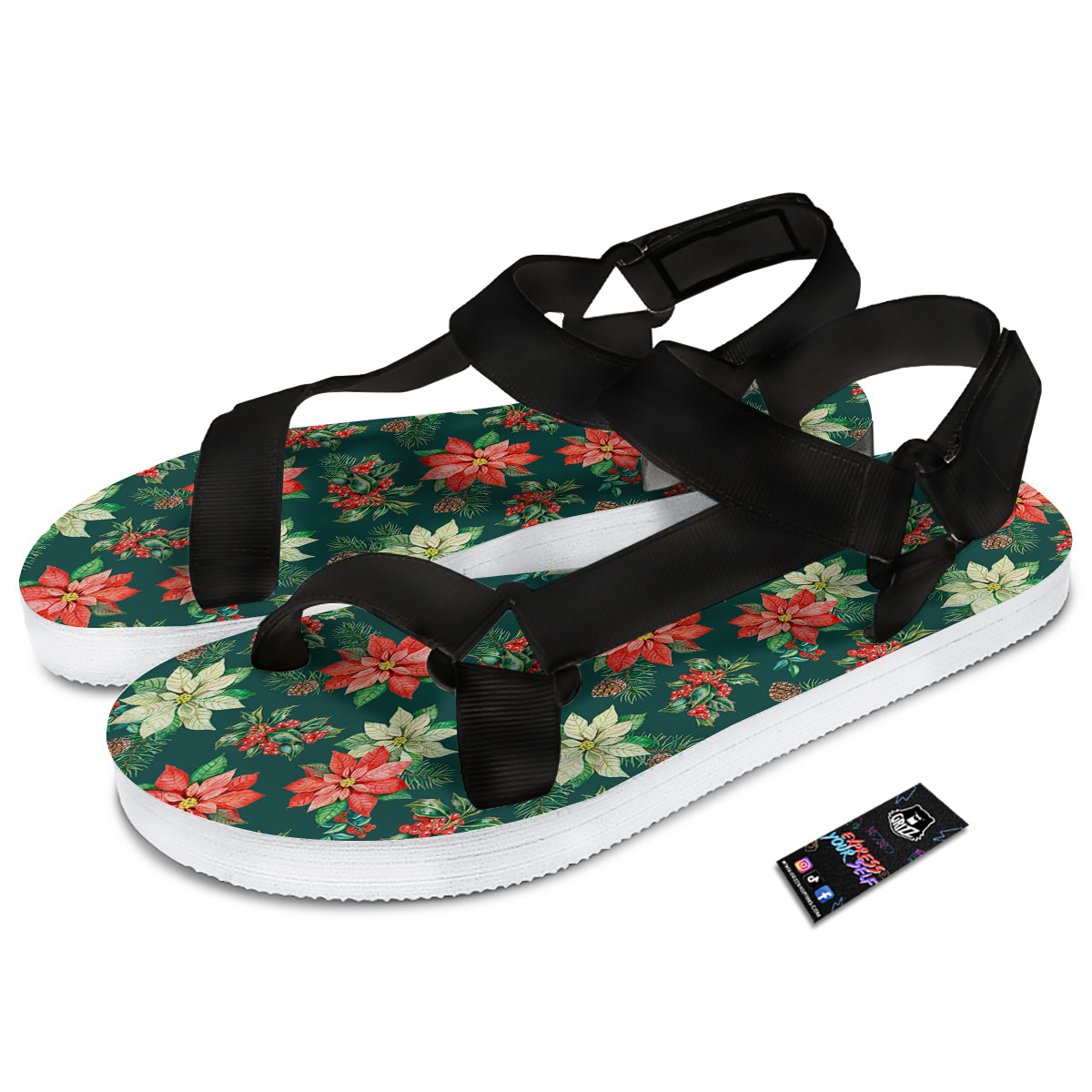 Poinsettia Watercolor Print Pattern Black Open Toe Sandals-grizzshop