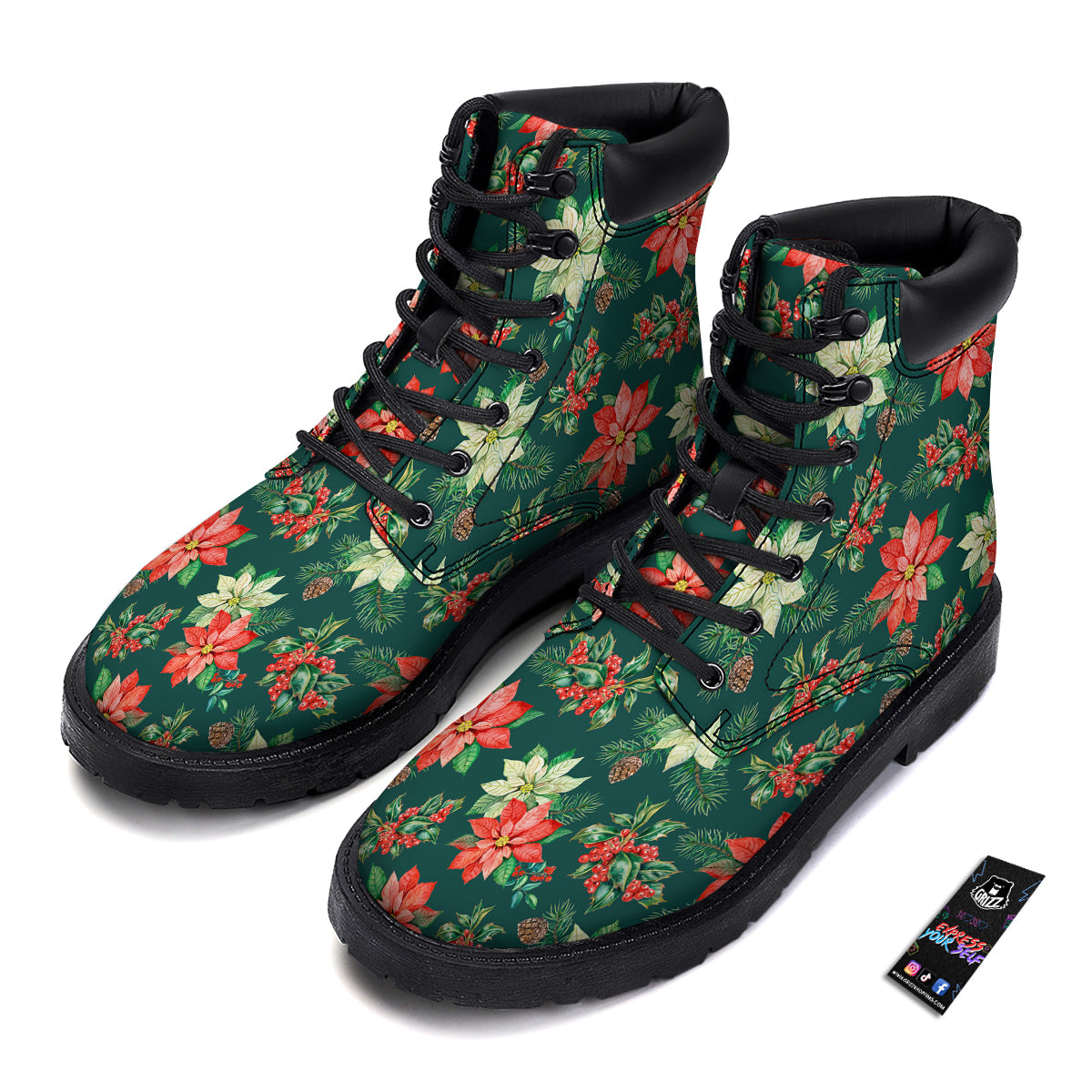 Poinsettia Watercolor Print Pattern Boots-grizzshop