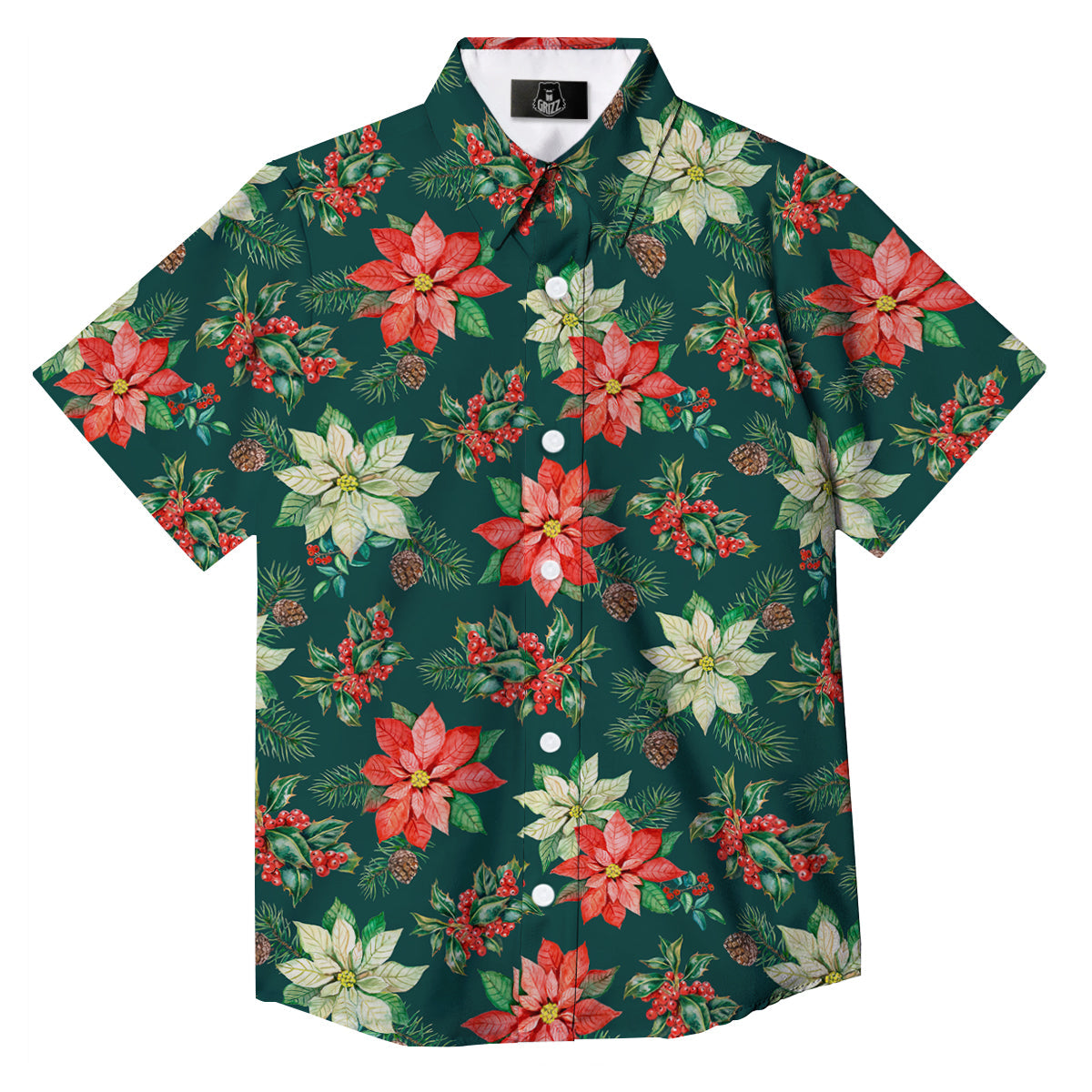 Poinsettia Watercolor Print Pattern Button Up Shirt-grizzshop