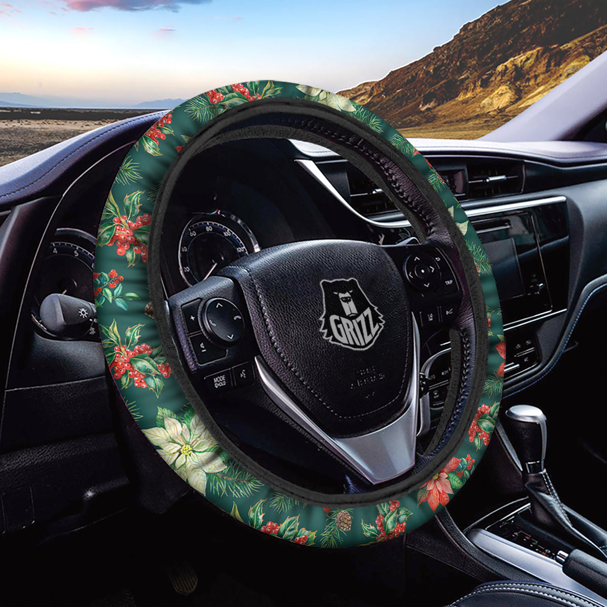 Poinsettia Watercolor Print Pattern Car Steering Wheel Cover-grizzshop