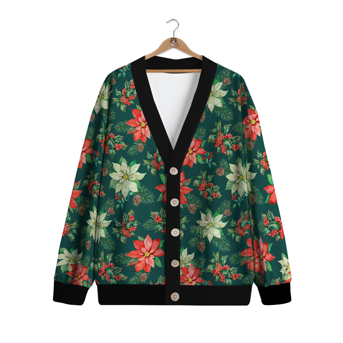 Poinsettia Watercolor Print Pattern Cardigan-grizzshop