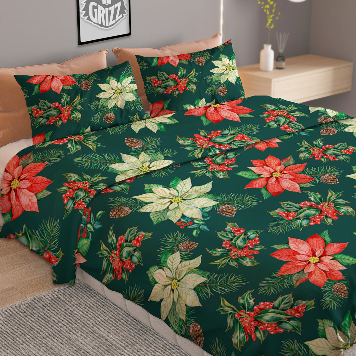 Poinsettia Watercolor Print Pattern Duvet Cover Bedding Set