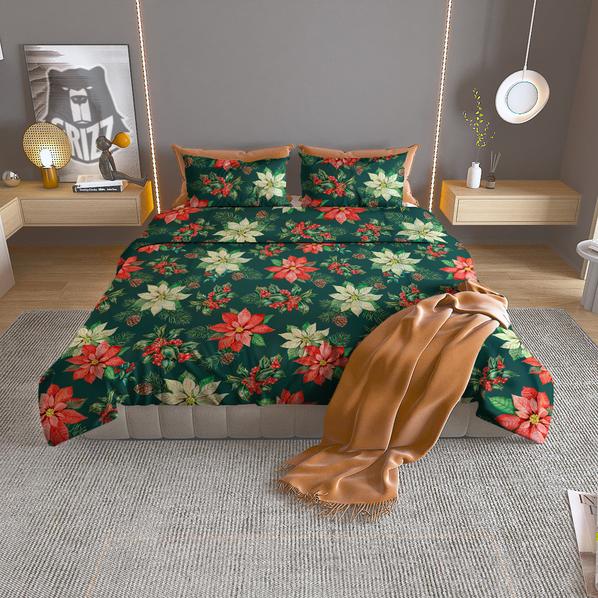 Poinsettia Watercolor Print Pattern Duvet Cover Bedding Set