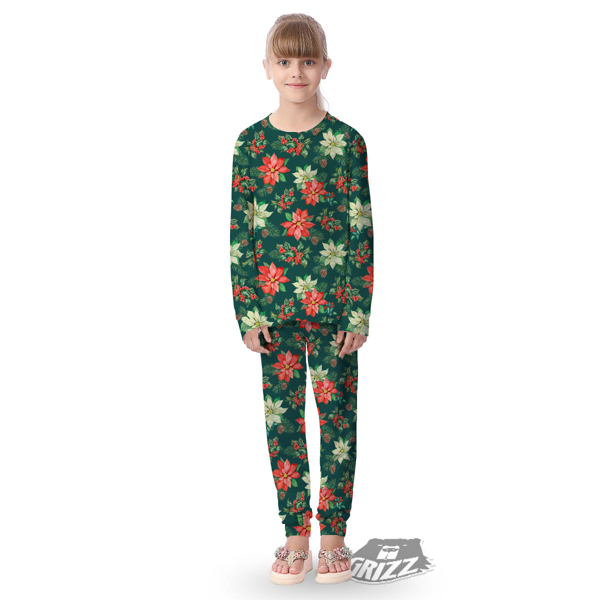 Poinsettia Watercolor Print Pattern Kid's Pajamas-grizzshop