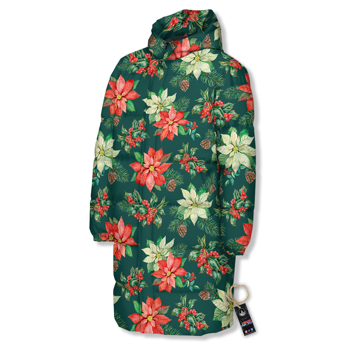Poinsettia Watercolor Print Pattern Long Down Jacket-grizzshop