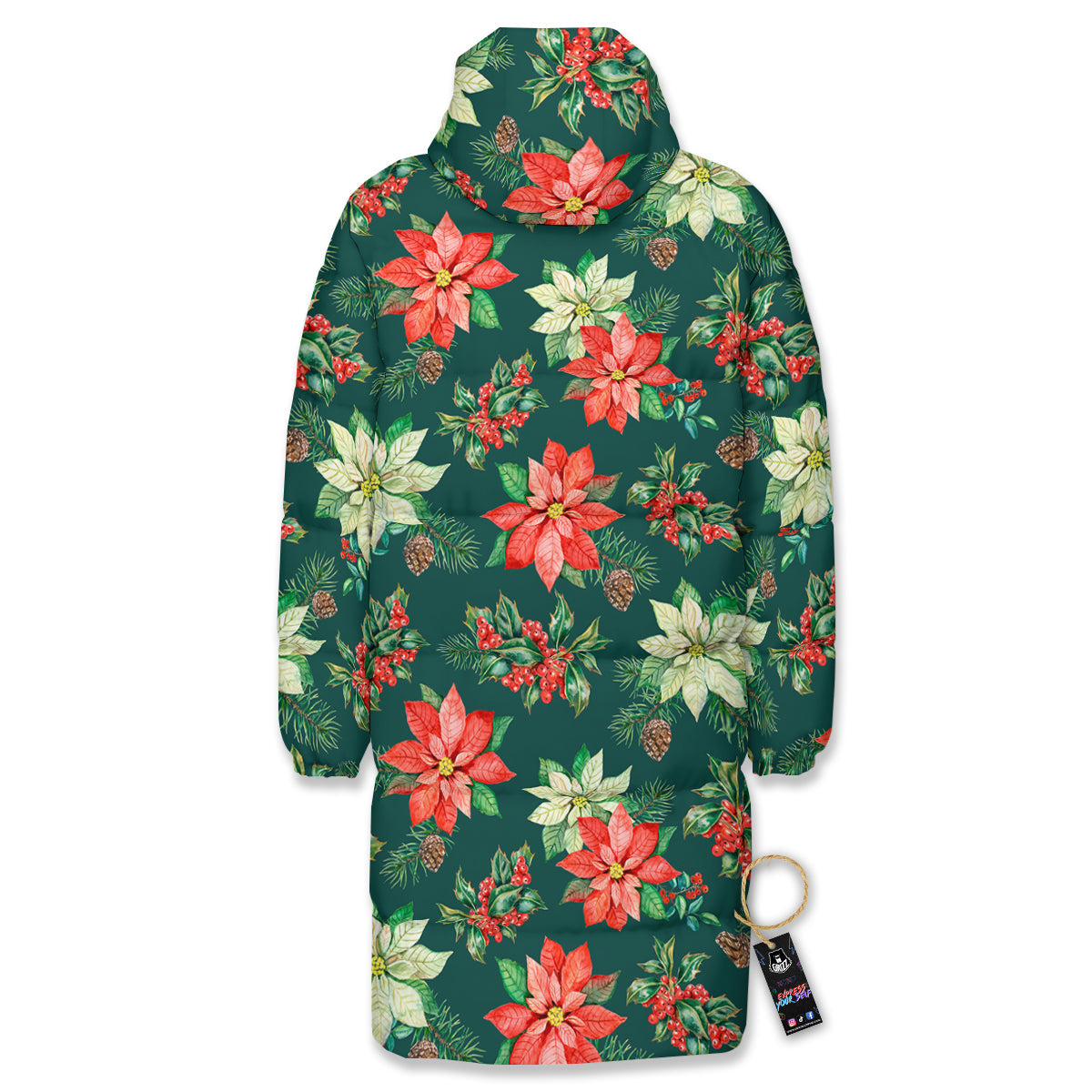 Poinsettia Watercolor Print Pattern Long Down Jacket-grizzshop