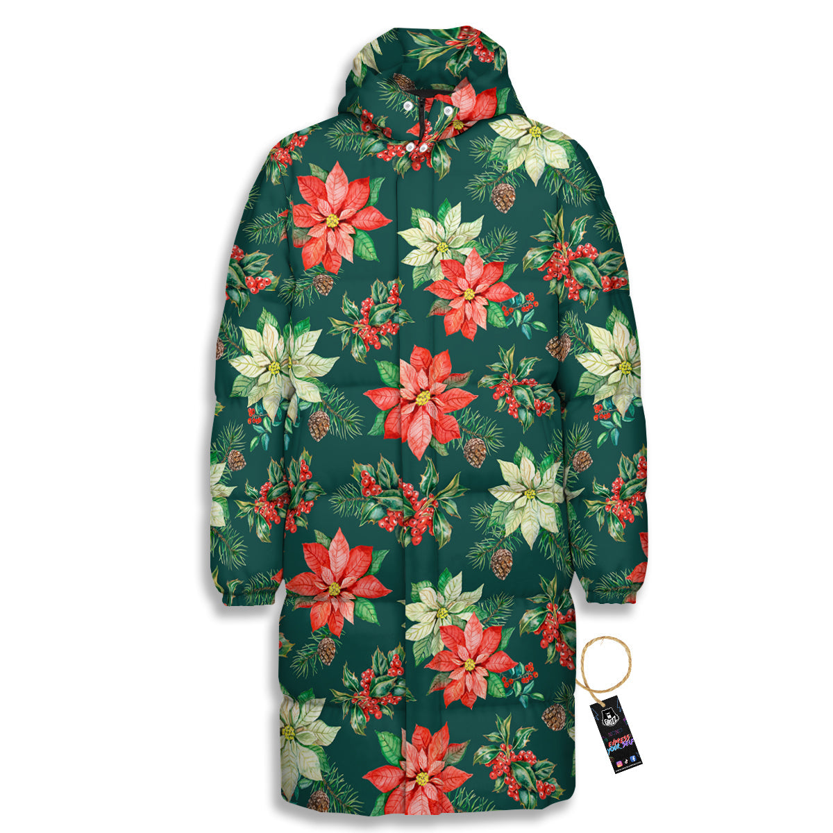 Poinsettia Watercolor Print Pattern Long Down Jacket-grizzshop