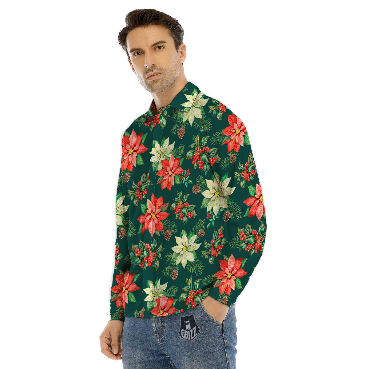 Poinsettia Watercolor Print Pattern Men's Dress Shirts-grizzshop