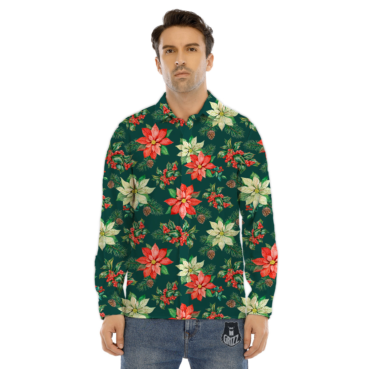 Poinsettia Watercolor Print Pattern Men's Dress Shirts-grizzshop