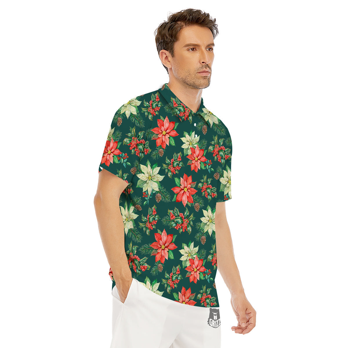 Poinsettia Watercolor Print Pattern Men's Golf Shirts-grizzshop