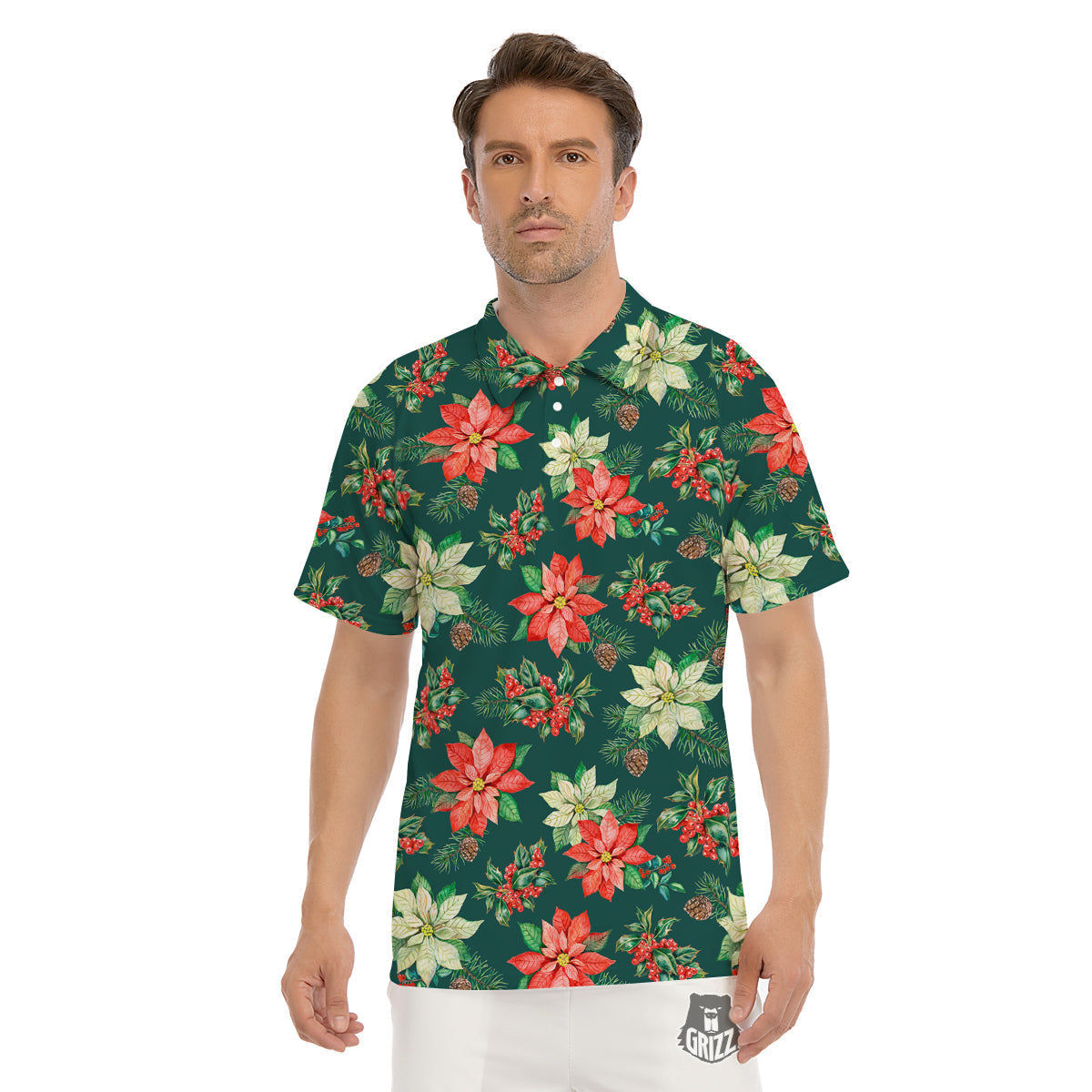 Poinsettia Watercolor Print Pattern Men's Golf Shirts-grizzshop