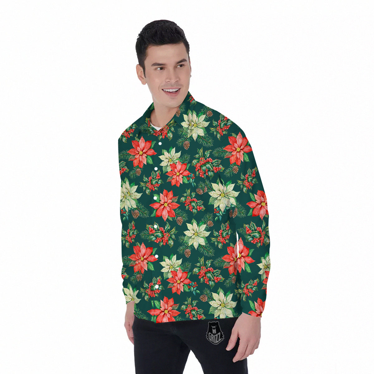 Poinsettia Watercolor Print Pattern Men's Long Sleeve Shirts-grizzshop