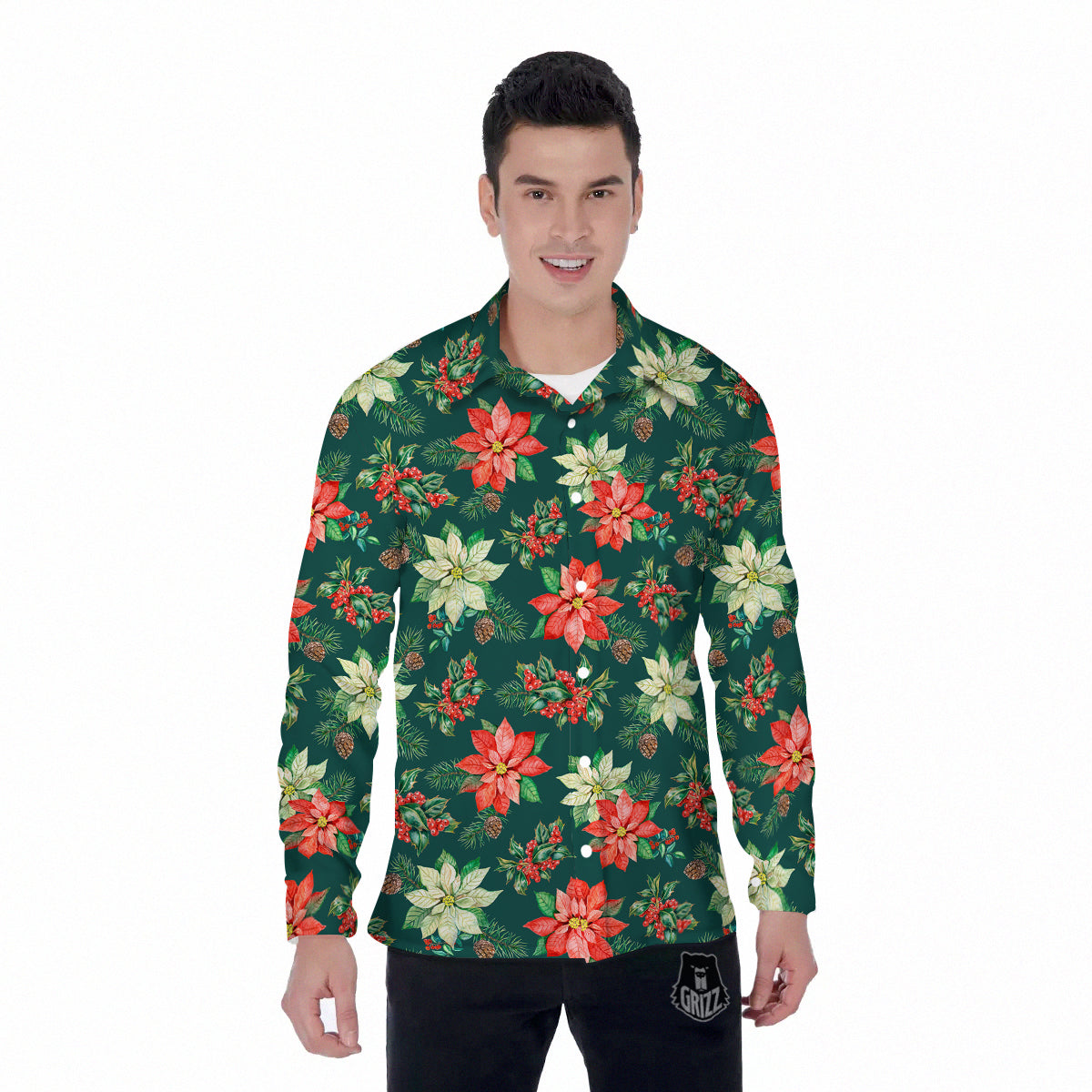 Poinsettia Watercolor Print Pattern Men's Long Sleeve Shirts-grizzshop